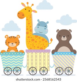 CUTE LOVING ANIMALS BOARDED ON THE CARTOON STYLE TRAIN