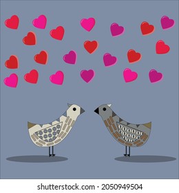 Cute loving bird  look at each other hearts fly above them on blue   isolated background