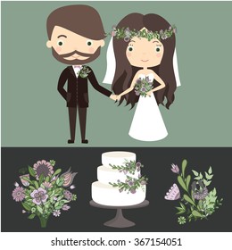 Cute loving brides. Wedding vector set