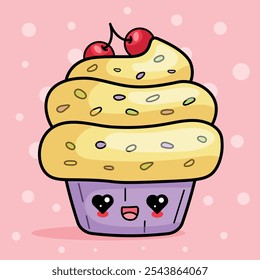  Cute loving cake. Character design for Valentine's Day. Cake vector on isolated pink background