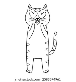 Cute loving cat black and white print. Happy feline character with heart eyes for Valentine's Day and Love coloring page. Vector illustration