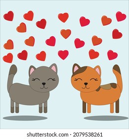 Cute loving cats look at each other hearts fly above them on   isolated background