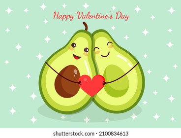 Cute loving couple of halves of an avocado in an embrace holding a heart on a background of stars. Vector illustration of valentine's day for postcard, textile, poster. Greeting card