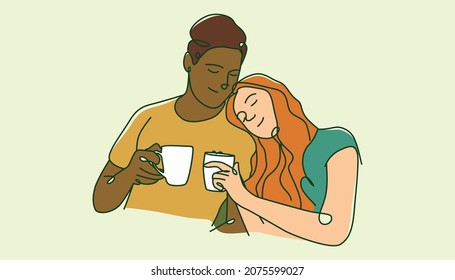 Cute loving couple having a coffee or tea. Line art style vector illustration suitable for calm wellness or mental health content