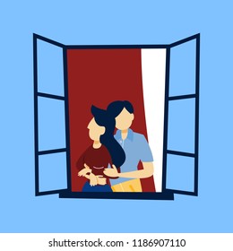 Cute loving couple looking out of the opened window with blue frame and white curtains. Vector flat illustration