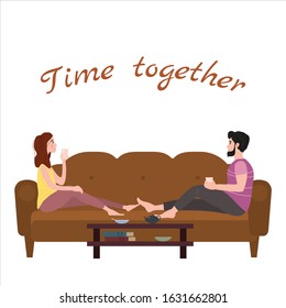 Cute loving couple on cozy sofa, drinking tea or drinks and eating together at home. Daily life of cute happy couple. Male female characters. Vector illustration flat cartoon