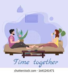 Cute loving couple sitting on bed drinking tea or drinks and eating together at home. Daily life of cute happy couple. Male female characters. Vector illustration flat cartoon