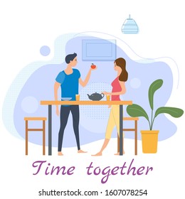 Cute loving couple at table, drinking tea or coffee and eating together at home. Daily life of cute happy couple. Male female characters. Vector illustration flat cartoon