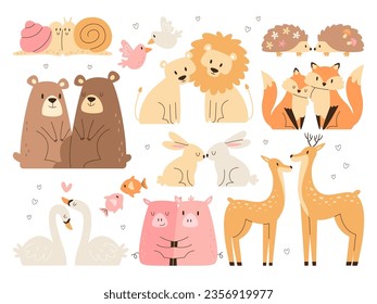 Cute loving couple wild forest, zoo or farm animal character hugging and kissing set. Funny bear, lion, snail insect, red fox, hare, pig, fish, deer, swan and bird, hedgehog pair vector illustration