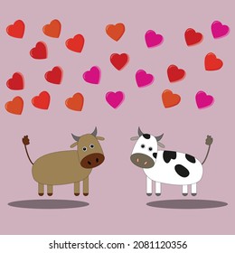 Cute loving cows look at each other hearts fly above them on pink isolated background