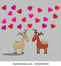 Cute loving deer  look at each other hearts fly above them on gray  isolated background