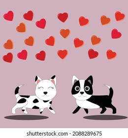 Cute loving dogs look at each other hearts fly above them on pink  isolated background