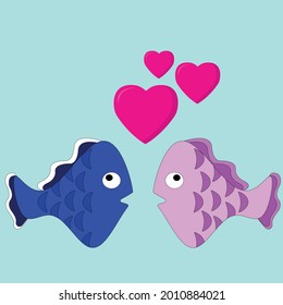 Cute loving fishes of pink and blue color look at each other hearts fly above them on blue  isolated background