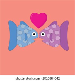 Cute loving fishes of pink and blue color look at each other hearts fly above them on pink isolated color