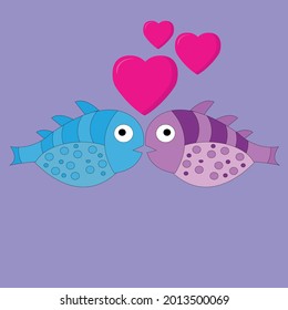 Cute loving fishes of pink and blue color look at each other hearts fly above them on purple isolated background