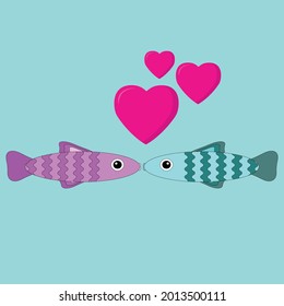 Cute loving fishes of pink and blue color look at each other hearts fly above them on yellow isolated background