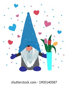 A cute loving gnome in a blue cap gives a bouquet of flowers.  Vector illustration. A funny fairy-tale character for decorating various holidays: Christmas, Valentine's Day, March 8, Easter.