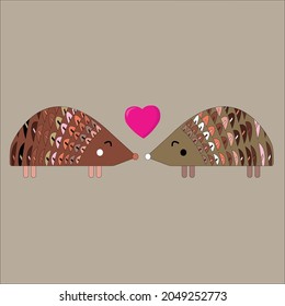 Cute loving h of pink and blue color look at each other hearts fly above them on yellow isolated background