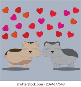 Cute loving hamsters look at each other hearts fly above them on blue   isolated background