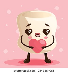 Marshmallow amoroso bonito tem um coração vermelho em suas mãos. Desenho de personagens para o Dia dos Namorados. Vetor de Marshmallow sobre fundo rosa isolado