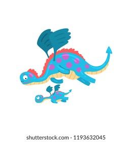 Cute loving mother dragon and her baby, family of mythical animals cartoon characters vector Illustration on a white background