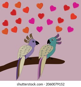 Cute loving  parrots  look at each other hearts fly above them on pink   isolated background