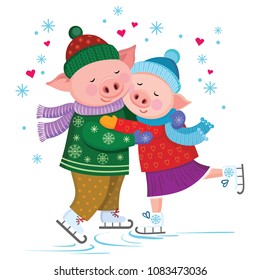 Cute loving pigs in scarves and hats hugging scating vector illustration