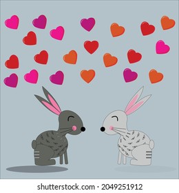 Cute loving rabbits  look at each other hearts fly above them on gray  isolated background