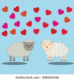 Cute loving sheeps look at each other hearts fly above them on blue   isolated background