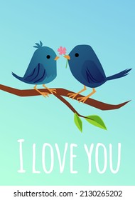Cute loving spring birds chirping on tree, flat cartoon vector illustration. Layout of banner or postcard template for Valentine Day holiday of all lovers.
