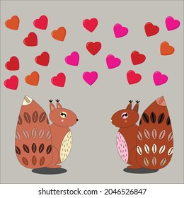 Cute loving squirrels  look at each other hearts fly above them on gray  isolated background