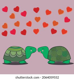 Cute loving turtles look at each other hearts fly above them on pink  isolated background