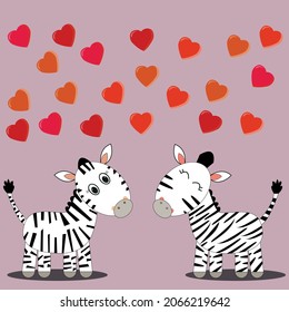 Cute loving  zebras   look at each other hearts fly above them on pink   isolated background