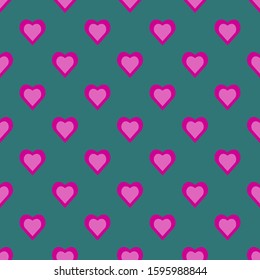 Cute lovingly pink-heart seamless pattern. Isolated on a green background. Flat vector illustration.