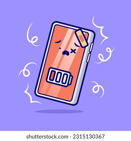 Cute Low Battery Broken Cartoon Vector Icon Illustration. Technology Object Icon Concept Isolated Premium Vector. Flat Cartoon Style