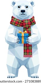 Netter Low-Poly-Eisbär mit rotem kariertem Schal und hält blaues Weihnachtsgeschenk mit goldenem Band. Moderne geometrische Polygon-Stil Vektorgrafik mit transparentem Hintergrund. Perfekt für Weihnachten