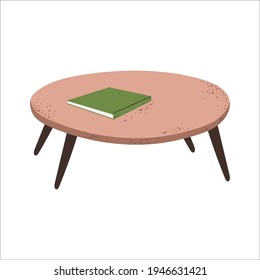 Cute Low Round Coffee Table In Scandinavian Style. Single Cozy Wooden Desk With Book In Cartoon Flat Design. Living Room Furniture Isolated On White Background.