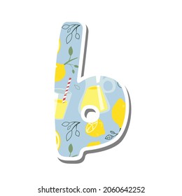 Cute lowercase alphabet 'b' with Lemonade Pattern on white silhouette and gray shadow. Lovely letter design for decoration. Vector Illustration about lettering.