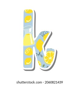 Cute lowercase alphabet 'k' with Lemonade Pattern on white silhouette and gray shadow. Lovely letter design for decoration. Vector Illustration about lettering.
