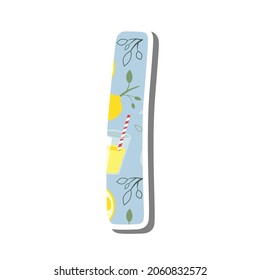 Cute lowercase alphabet 'l' with Lemonade Pattern on white silhouette and gray shadow. Lovely letter design for decoration. Vector Illustration about lettering.