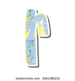 Cute lowercase alphabet 'r' with Lemonade Pattern on white silhouette and gray shadow. Lovely letter design for decoration. Vector Illustration about lettering.