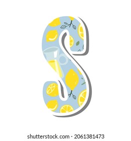 Cute lowercase alphabet 's' with Lemonade Pattern on white silhouette and gray shadow. Lovely letter design for decoration. Vector Illustration about lettering.