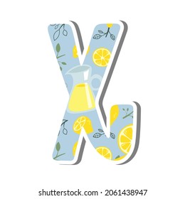 Cute lowercase alphabet 'x' with Lemonade Pattern on white silhouette and gray shadow. Lovely letter design for decoration. Vector Illustration about lettering.