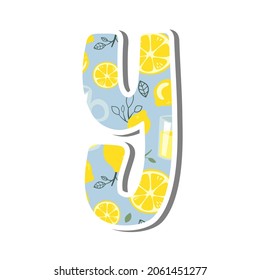 Cute lowercase alphabet 'y' with Lemonade Pattern on white silhouette and gray shadow. Lovely letter design for decoration. Vector Illustration about lettering.