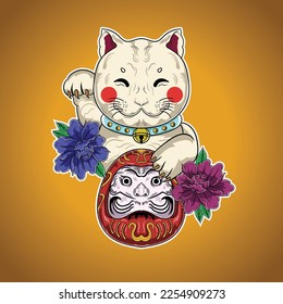 Cute Luck Japanese Cat  Daruma Vector Illustration Artwork