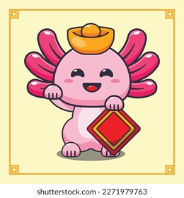 Cute lucky axolotl in chinese new year cartoon vector Illustration. 