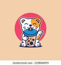 Cute Lucky Cat Boba Tea Logo Template