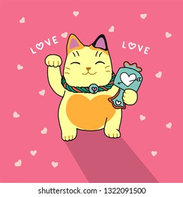 Cute lucky cat cartoon illustration on pink with heart background