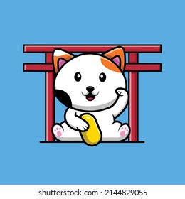 Cute Lucky Cat Cartoon Vector Icon Illustration. Animal Icon Concept Isolated Premium Vector.