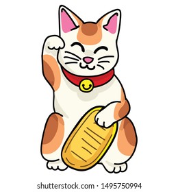 Cute lucky cat with coin vector. Hand drawn maneki neko traditional clipart. 